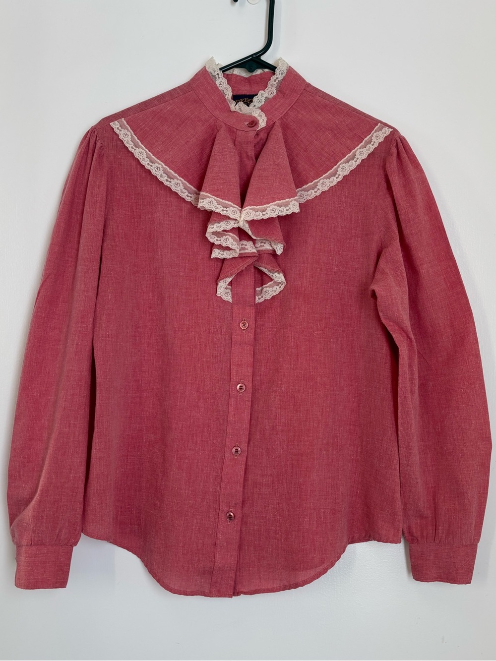 Vintage Dee Cee Prairie Western Blouse Shirt Red Lace Ruffle High Neck Large